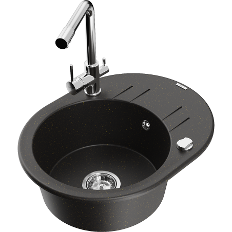 Mexen Kevin granitový dřez 1-komorový s odkapávačem a kuchyňskou baterií Duero, černý/zlatý metalik - 6517-75-671600-00