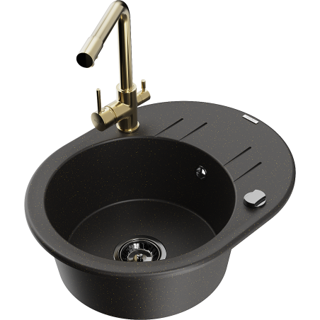 Mexen Kevin granitový dřez 1-komorový s odkapávačem a kuchyňskou baterií Duero, černý/zlatý metalik - 6517-75-671600-50-B