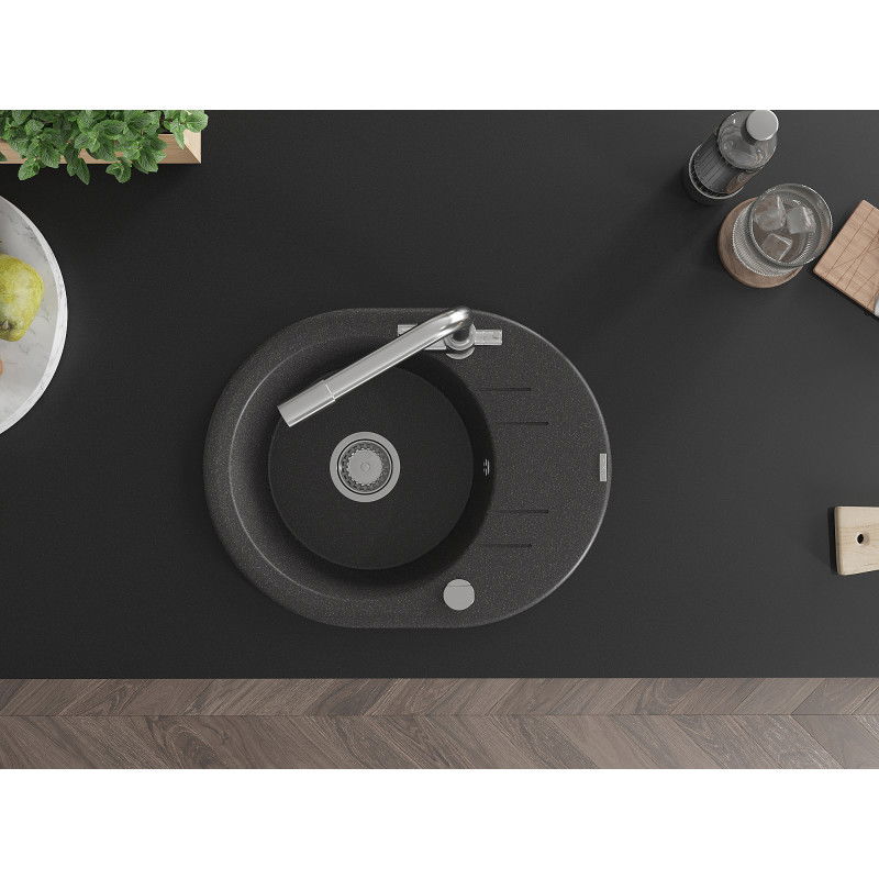 Mexen Kevin granitový kuchyňský dřez 1-komorový s odkapávačem a kuchyňskou baterií Duero, černý skvrnitý - 6517-76-671600-00