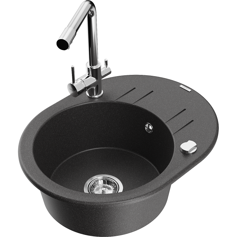 Mexen Kevin granitový kuchyňský dřez 1-komorový s odkapávačem a kuchyňskou baterií Duero, černý skvrnitý - 6517-76-671600-00