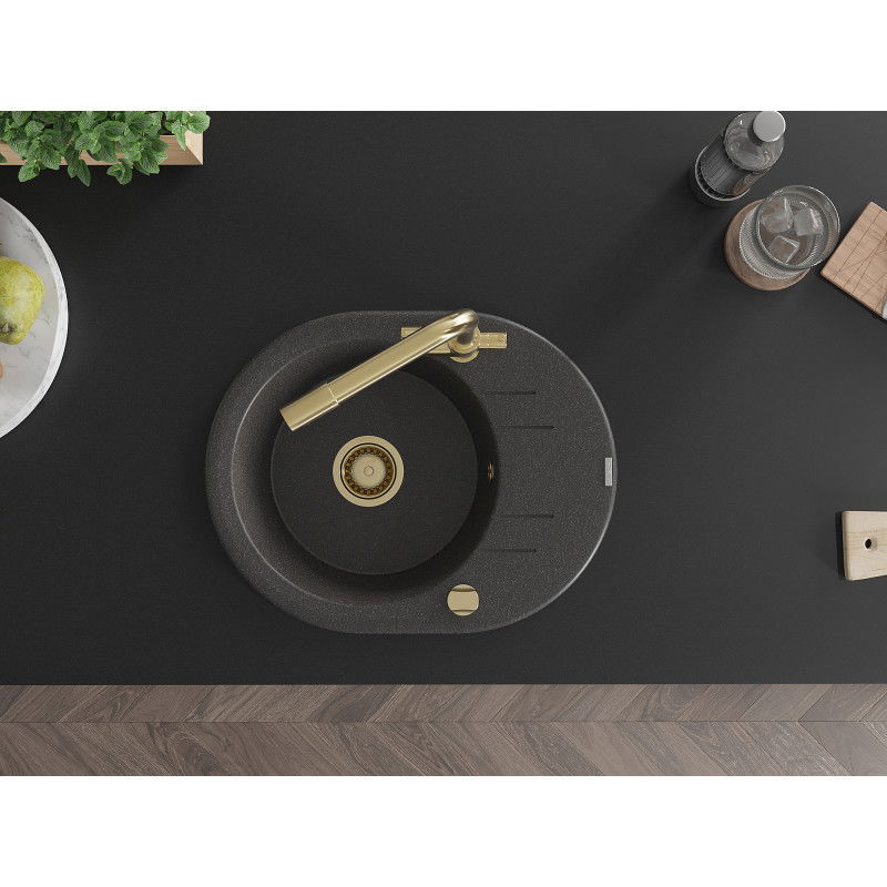 Mexen Kevin granitový dřez 1-komorový s odkapávačem a kuchyňskou baterií Duero, černý s tečkami - 6517-76-671600-50