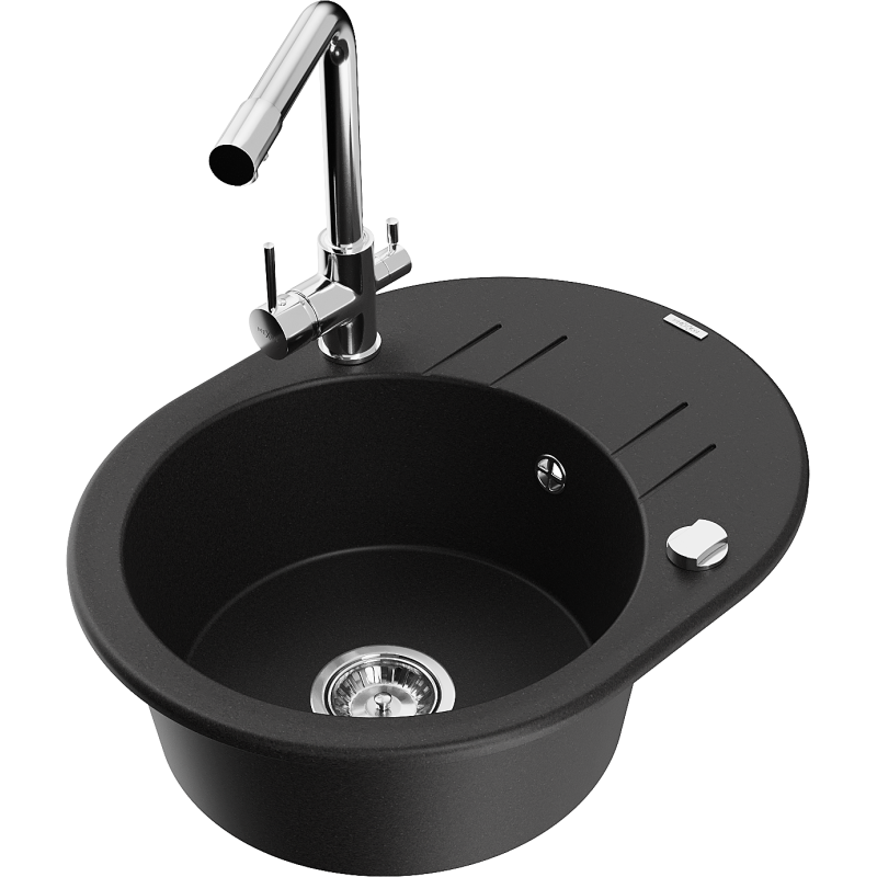 Mexen Kevin granitový dřez 1-komorový s odkapávačem a kuchyňskou baterií Duero, černý - 6517-77-671600-00