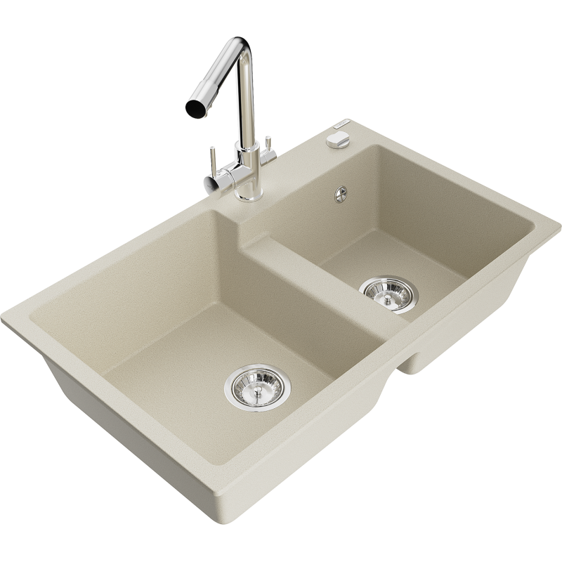Mexen Tomas dřez žulový 2-komorový s kuchyňskou baterií Duero, béžový - 6516-69-671600-00