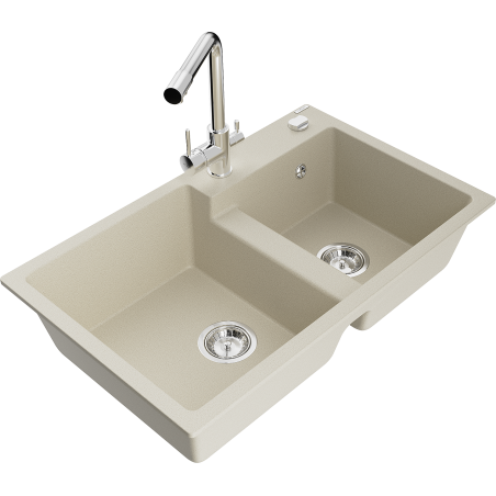 Mexen Tomas dřez žulový 2-komorový s kuchyňskou baterií Duero, béžový - 6516-69-671600-00