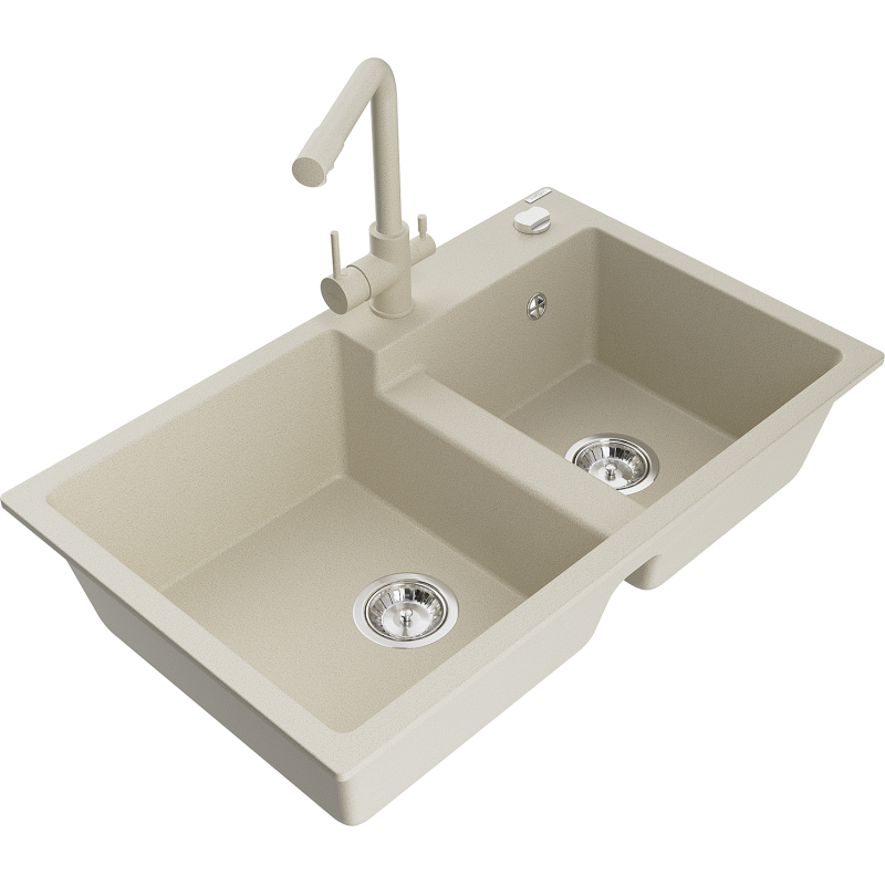 Mexen Tomas dřez z umělého kamene 2-komorový s kuchyňskou baterií Duero, béžový - 6516-69-671600-69