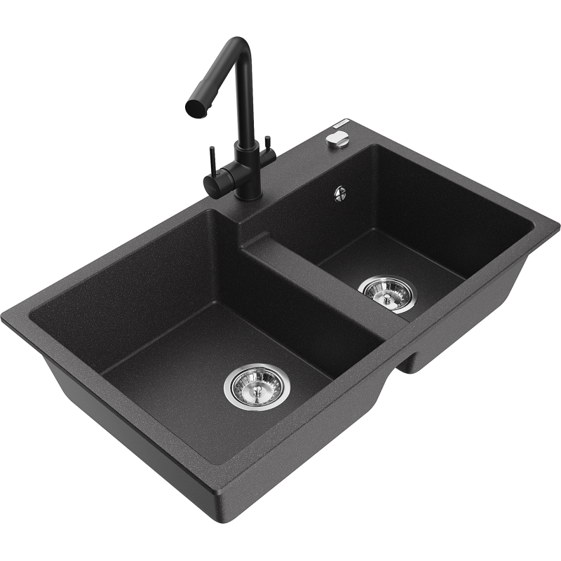Mexen Tomas dřez žulový 2-komorový s kuchyňskou baterií Duero, černý tečkovaný - 6516-76-671600-70