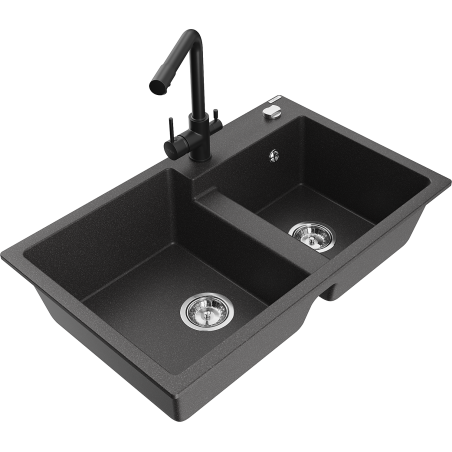 Mexen Tomas dřez žulový 2-komorový s kuchyňskou baterií Duero, černý tečkovaný - 6516-76-671600-70