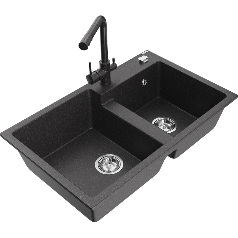 Mexen Tomas dvoukomorový granitový dřez s kuchyňskou baterií Duero, černý skvrnitý - 6516-76-671600-76