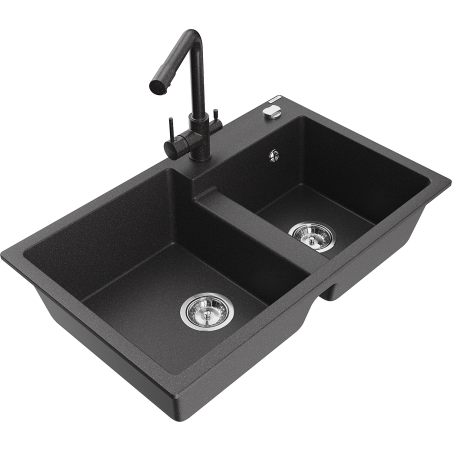 Mexen Tomas dvoukomorový granitový dřez s kuchyňskou baterií Duero, černý skvrnitý - 6516-76-671600-76