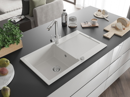 Mexen Leo granitový dřez 1-komorový s odkapávačem a kuchyňskou baterií Duero, bílý - 6501-20-671600-00