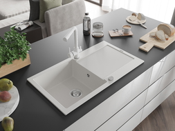 Mexen Leo granitový dřez s 1 komorou a odkapávačem a kuchyňskou baterií Duero, bílá - 6501-20-671600-20