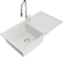 Mexen Leo granitový dřez s jednou komorou a odkapávačem a kuchyňskou baterií Savita, bílý - 6501-20-672601-00