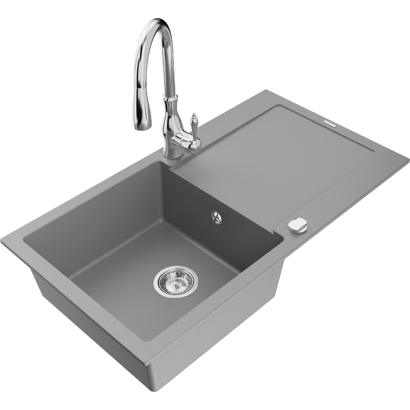 Mexen Leo granitový dřez 1-komorový s odkapávačem a kuchyňskou baterií Savita, šedý - 6501-71-672601-00