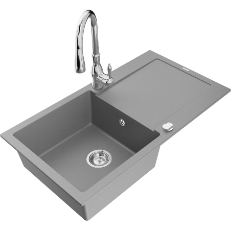 Mexen Leo granitový dřez 1-komorový s odkapávačem a kuchyňskou baterií Savita, šedý - 6501-71-672601-00