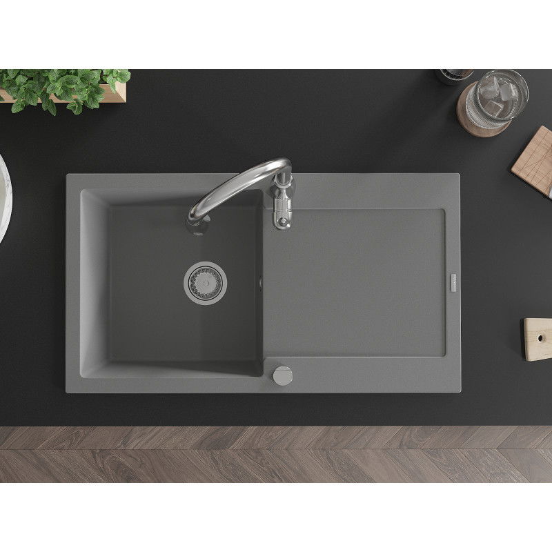 Mexen Leo granitový dřez 1-komorový s odkapávačem a kuchyňskou baterií Savita, šedý - 6501-71-672601-00