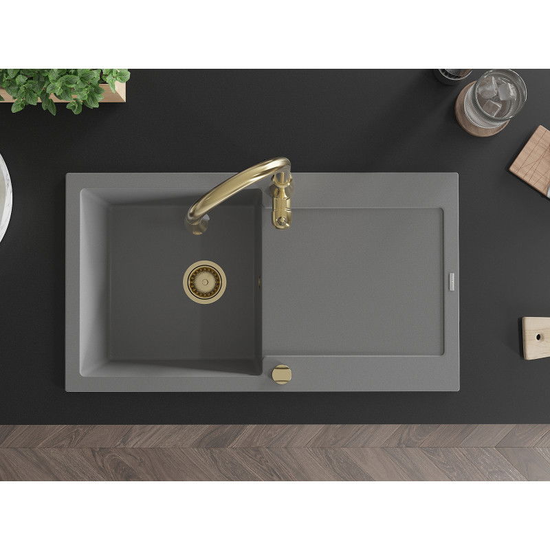 Mexen Leo granitový dřez s 1 komorou, odkapávačem a kuchyňskou baterií Savita, šedý - 6501-71-672601-50