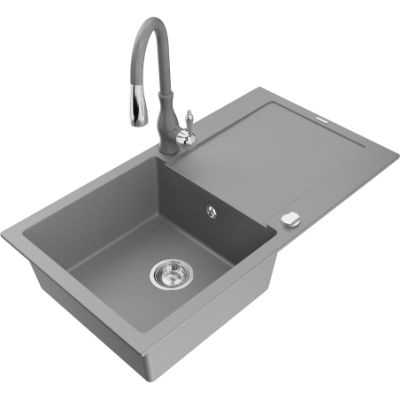Mexen Leo žulový jednodřez s odkapávačem a kuchyňskou baterií Savita, šedý - 6501-71-672601-71