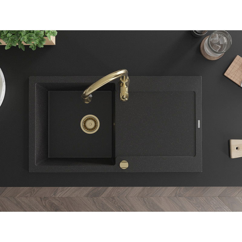 Mexen Leo granitový dřez 1-komorový s odkapávačem a kuchyňskou baterií Savita, černý/stříbrný metalík - 6501-73-672601-50