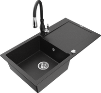 Mexen Leo granitový jednodřez s odkapávačem a kuchyňskou baterií Savita, černý/stříbrný metalický - 6501-73-672601-70