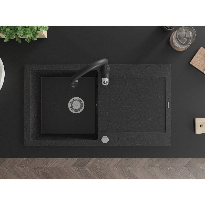Mexen Leo granitový jednodřez s odkapávačem a kuchyňskou baterií Savita, černý/stříbrný metalický - 6501-73-672601-70