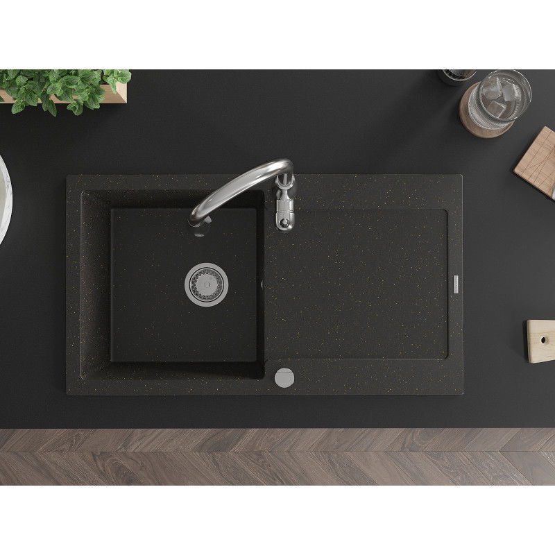 Mexen Leo žulový dřez 1-komorový s odkapávačem a kuchyňskou baterií Savita, černý/zlatý metalický - 6501-75-672601-00