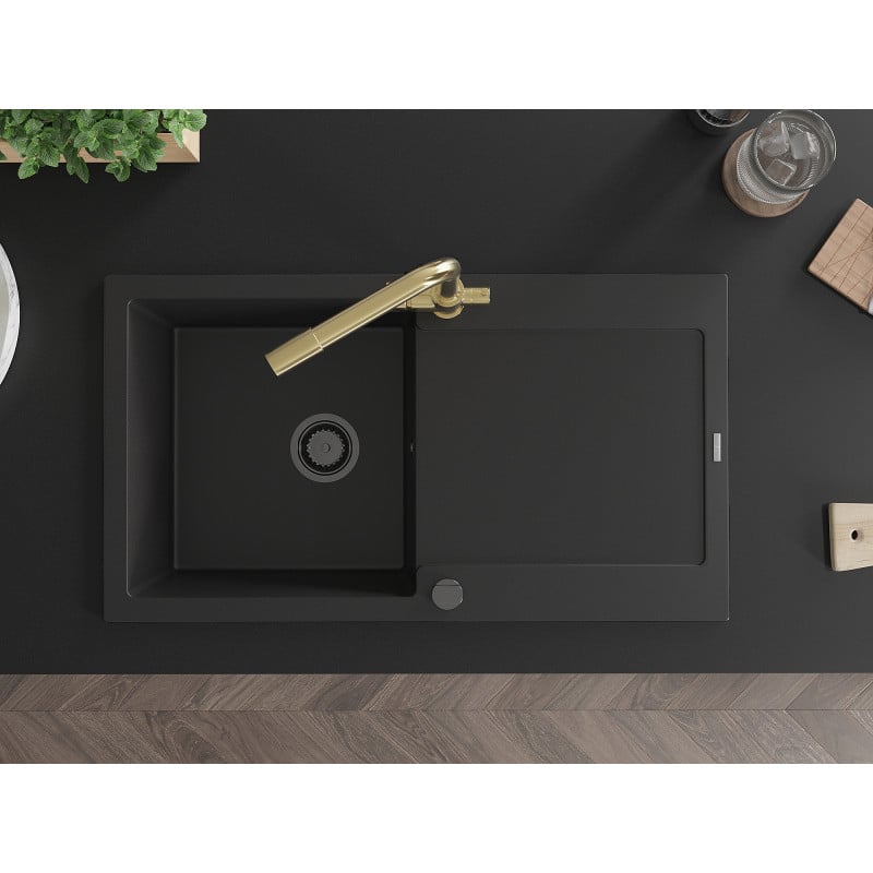 Mexen Leo granitový dřez 1-komorový s odkapávačem a kuchyňskou baterií Duero, černý - 6501-77-671600-50
