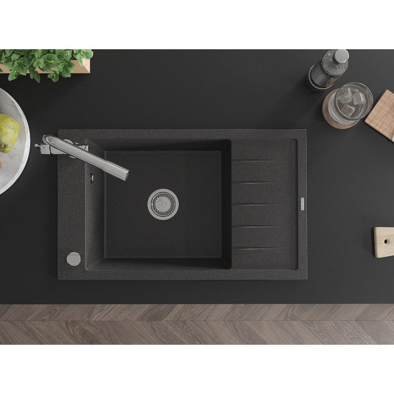 Mexen Elias granitový dřez s 1 komorou, odkapávačem a kuchyňskou baterií Duero, černý tečkovaný - 6511-76-671600-00