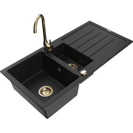Mexen Andres žulový dřez 1,5-komorový s odkapávačem a kuchyňskou baterií Telma, černý - 6515-77-670200-50
