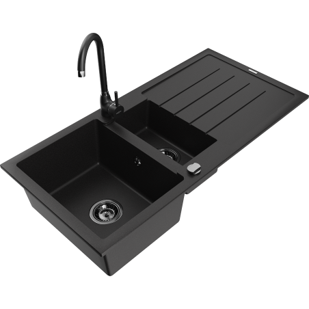 Mexen Andres granitový dřez 1,5-komorový s odkapávačem a kuchyňskou baterií Telma, černý - 6515-77-670200-70-B