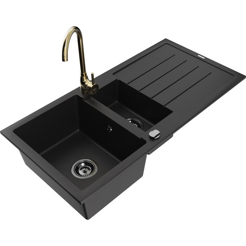 Mexen Andres žulový dřez 1,5-komorový s odkapávačem a kuchyňskou baterií Telma, černý - 6515-77-670200-50-B