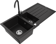 Mexen Andres dřez z granitu 1,5-komorový s odkapávačem a kuchyňskou baterií Telma, černý - 6515-77-670200-70