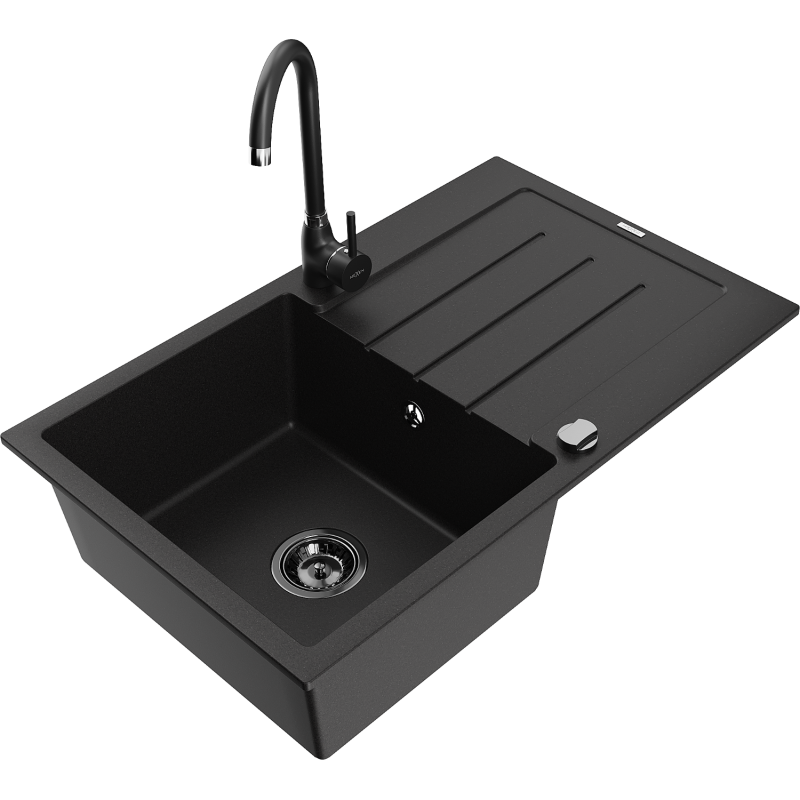 Mexen Bruno granitový dřez s 1 komorou a odkapem a kuchyňskou baterií Telma, černý - 6513-77-670200-70-B