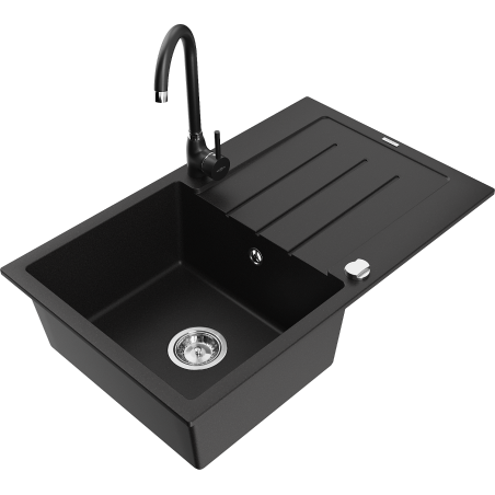 Mexen Bruno granitový dřez 1-komorový s odkapávačem a kuchyňskou baterií Telma, černý - 6513-77-670200-70