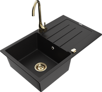 Mexen Bruno žulový dřez s 1 komorou, odkapávačem a kuchyňskou baterií Telma, černý - 6513-77-670200-50