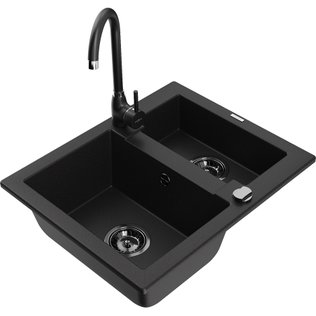 Mexen Carlos žulový dřez s 1,5 komorou a kuchyňskou baterií Telma, černý - 6518-77-670200-70-B