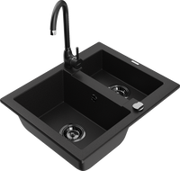 Mexen Carlos žulový dřez s 1,5 komorou a kuchyňskou baterií Telma, černý - 6518-77-670200-70-B