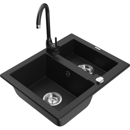 Mexen Carlos granitový dřez 1,5-komorový s kuchyňskou baterií Telma, černý - 6518-77-670200-70