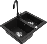 Mexen Carlos granitový dřez 1,5-komorový s kuchyňskou baterií Telma, černý - 6518-77-670200-70
