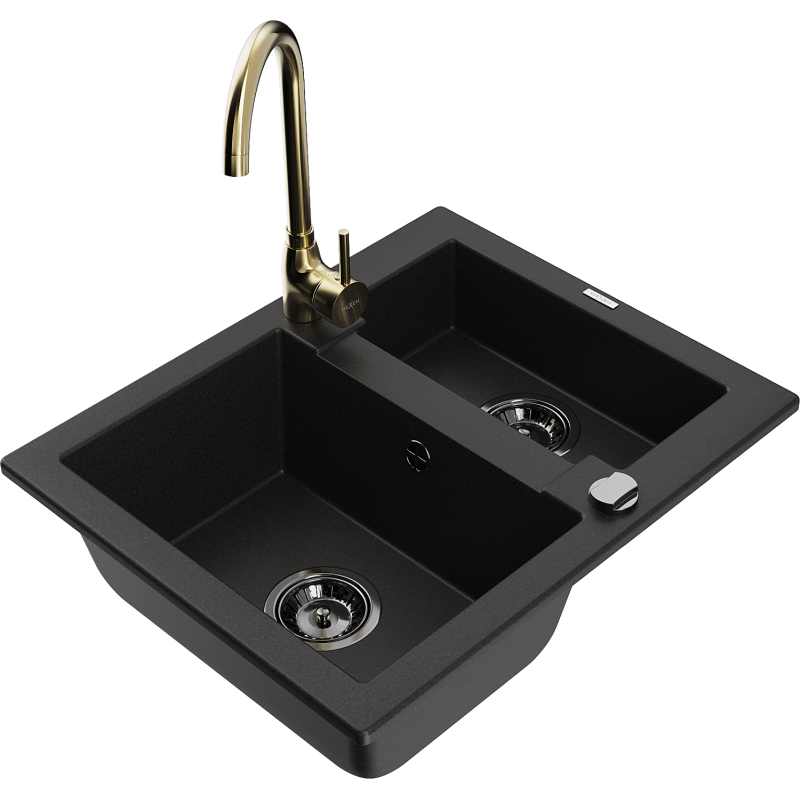 Mexen Carlos granitový dřez 1,5komorový s kuchyňskou baterií Telma, černý - 6518-77-670200-50-B
