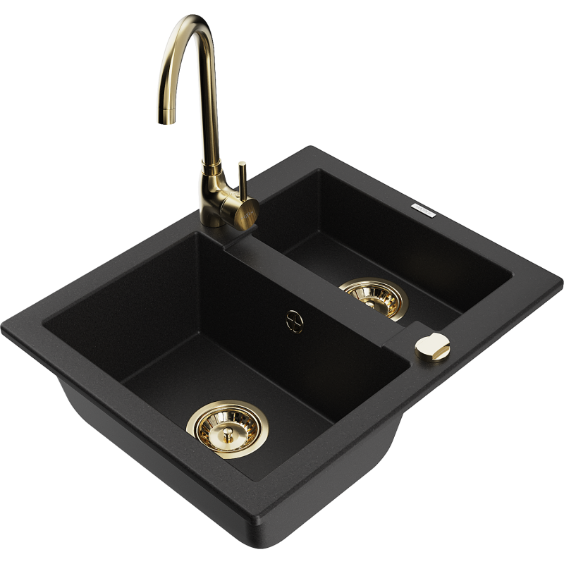Mexen Carlos granitový dřez 1,5-komorový s kuchyňskou baterií Telma, černý - 6518-77-670200-50