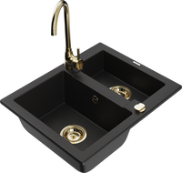 Mexen Carlos granitový dřez 1,5-komorový s kuchyňskou baterií Telma, černý - 6518-77-670200-50