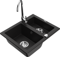 Mexen Carlos granitový dřez 1,5-komorový s kuchyňskou baterií Telma, černý - 6518-77-670200-00