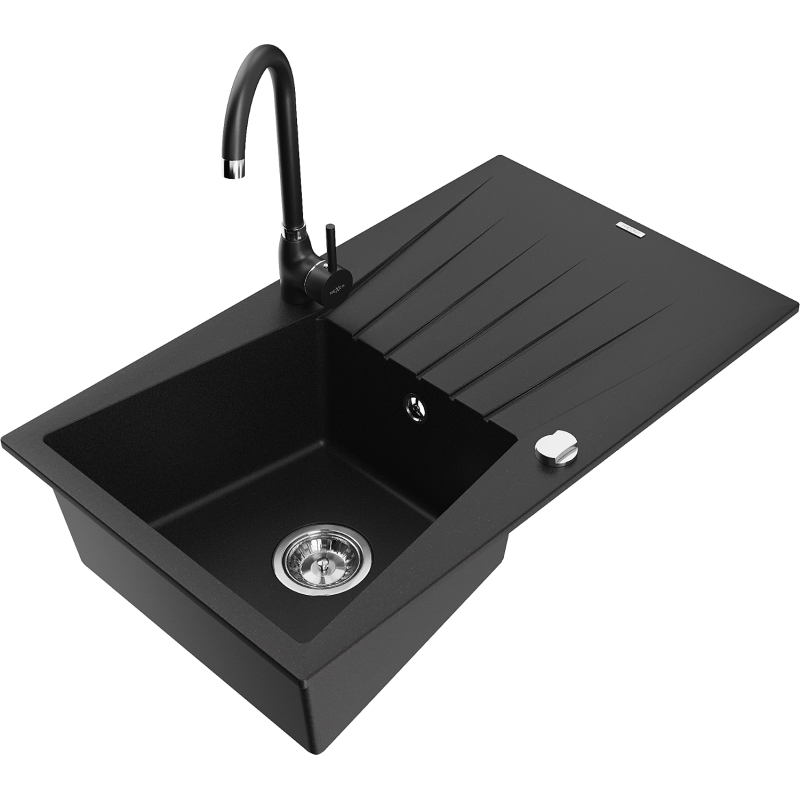 Mexen Cesar granitový dřez 1-komorový s odkapávačem a kuchyňskou baterií Telma, černý - 6514-77-670200-70