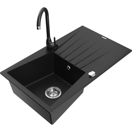 Mexen Cesar granitový dřez 1-komorový s odkapávačem a kuchyňskou baterií Telma, černý - 6514-77-670200-70