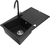 Mexen Cesar granitový dřez 1-komorový s odkapávačem a kuchyňskou baterií Telma, černý - 6514-77-670200-70