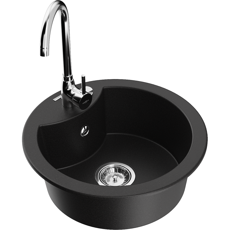 Mexen Diego granitový dřez 1-komorový s kuchyňskou baterií Telma, černý - 6512-77-670200-00