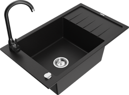 Mexen Elias granitový dřez 1-komorový s odkapávačem a kuchyňskou baterií Telma, černý - 6511-77-670200-70
