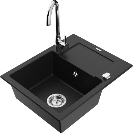 Mexen Enzo granitový dřez 1-komorový s odkapávačem a kuchyňskou baterií Telma, černý - 6506-77-670200-00