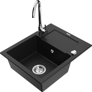 Mexen Enzo granitový dřez 1-komorový s odkapávačem a kuchyňskou baterií Telma, černý - 6506-77-670200-00