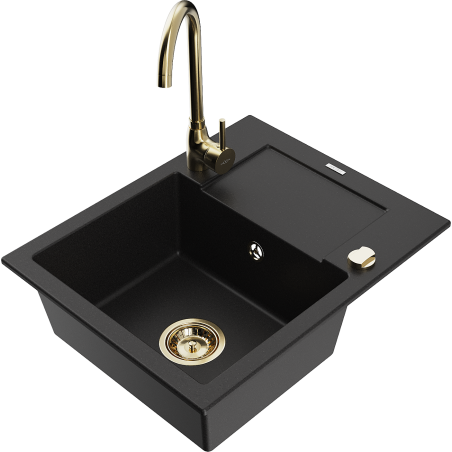 Mexen Enzo granitový dřez 1-komorový s odkapávačem a kuchyňskou baterií Telma, černý - 6506-77-670200-50